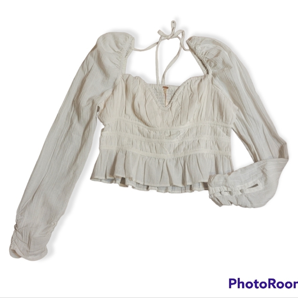 NWT Free People Chloe White Smocked Tie Neck Puff Sleeve Top M - Picture 5 of 16